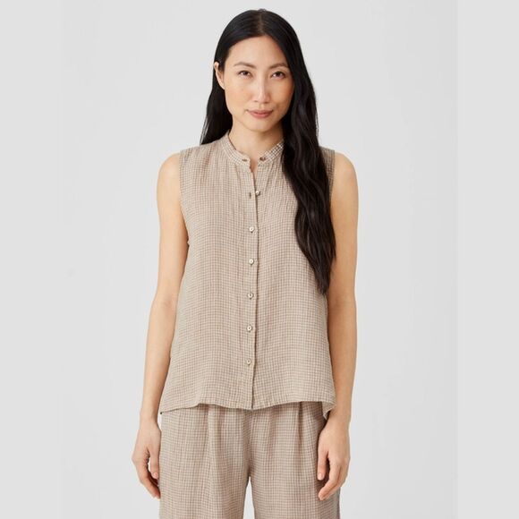 Eileen Fisher Gingham Puckered Organic Linen Sleeveless Shirt in Pebble | Large - Picture 1 of 8